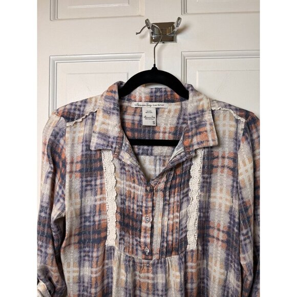 American Rag Cie Blouse Popover Plaid with Roll Tab Sleeve Women's Size Small - Picture 3 of 12
